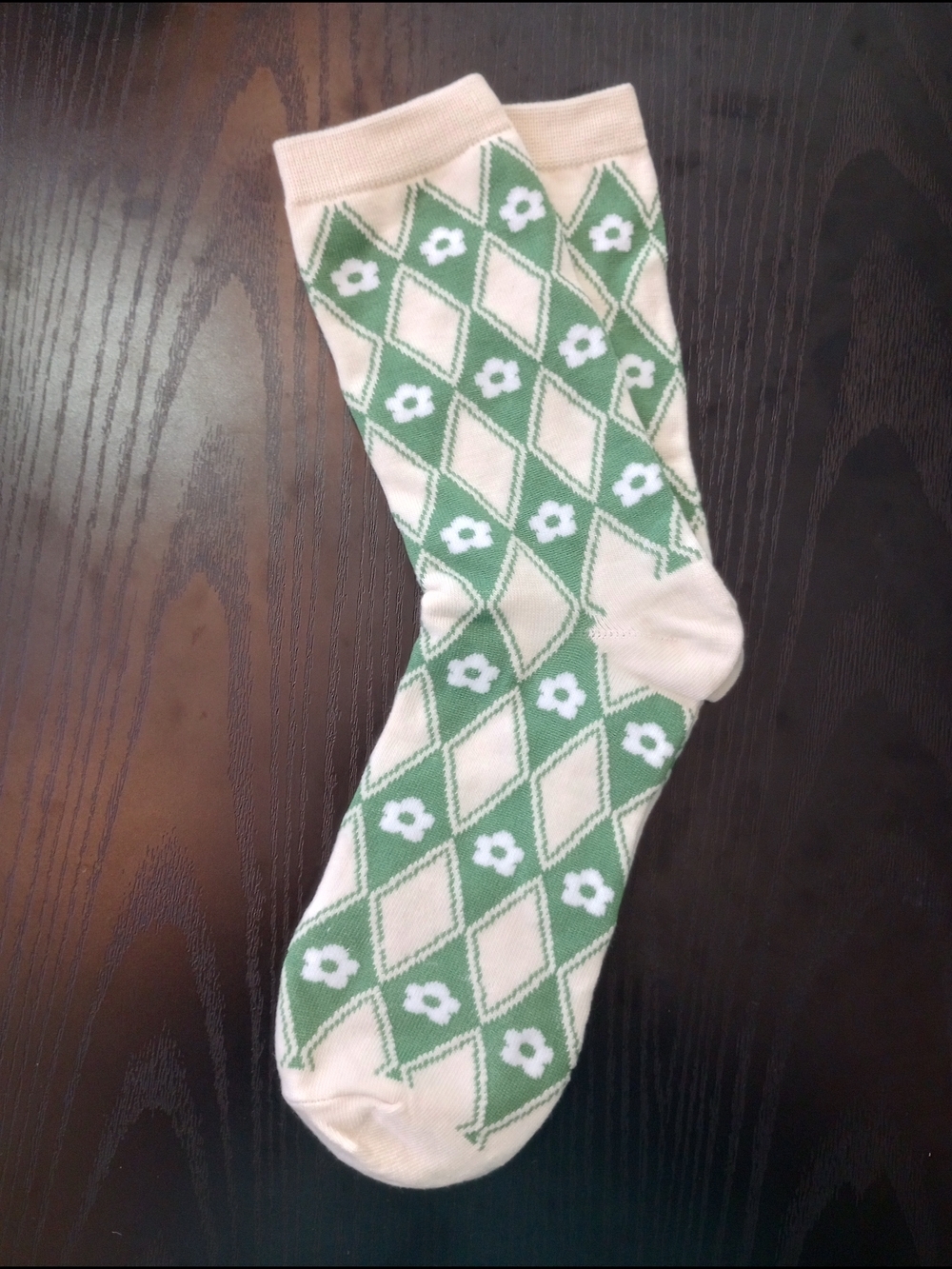 Green and Cream Argyle Floral Crew Socks Mid-calf Socks